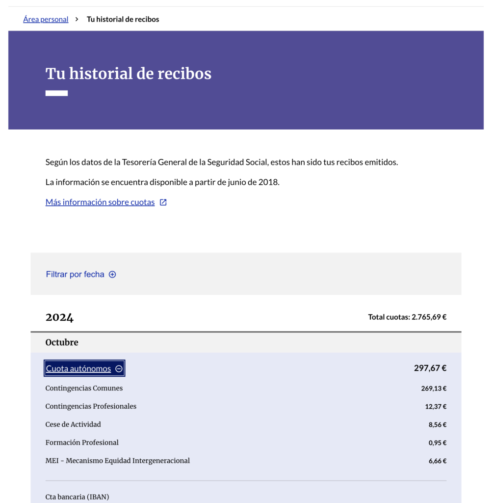 Historial de recibo autónomo en detalle